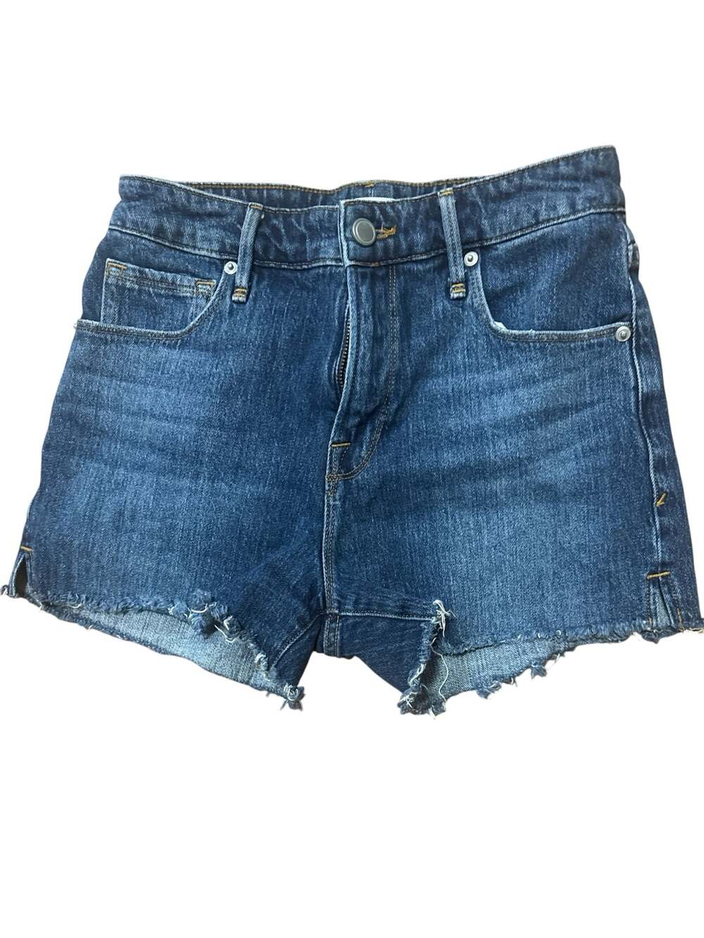 Good American 2/26 High-Rise Raw Hem Denim Shorts, Style GCOS991C, Blue 464